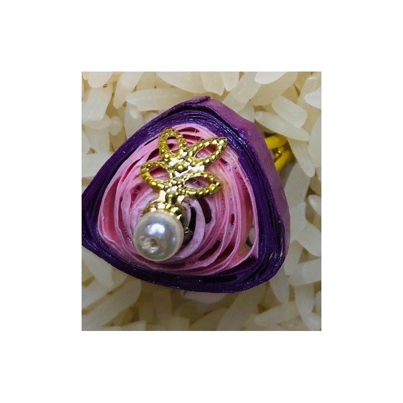 Bague BG61/C Triangle violet et rose - feuille dorée - perle blanche